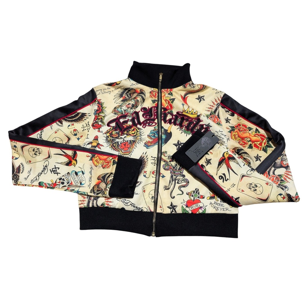 Ed Hardy Women M Embroidered Allover Graphic Print Cropped Full Zip Track Jacket